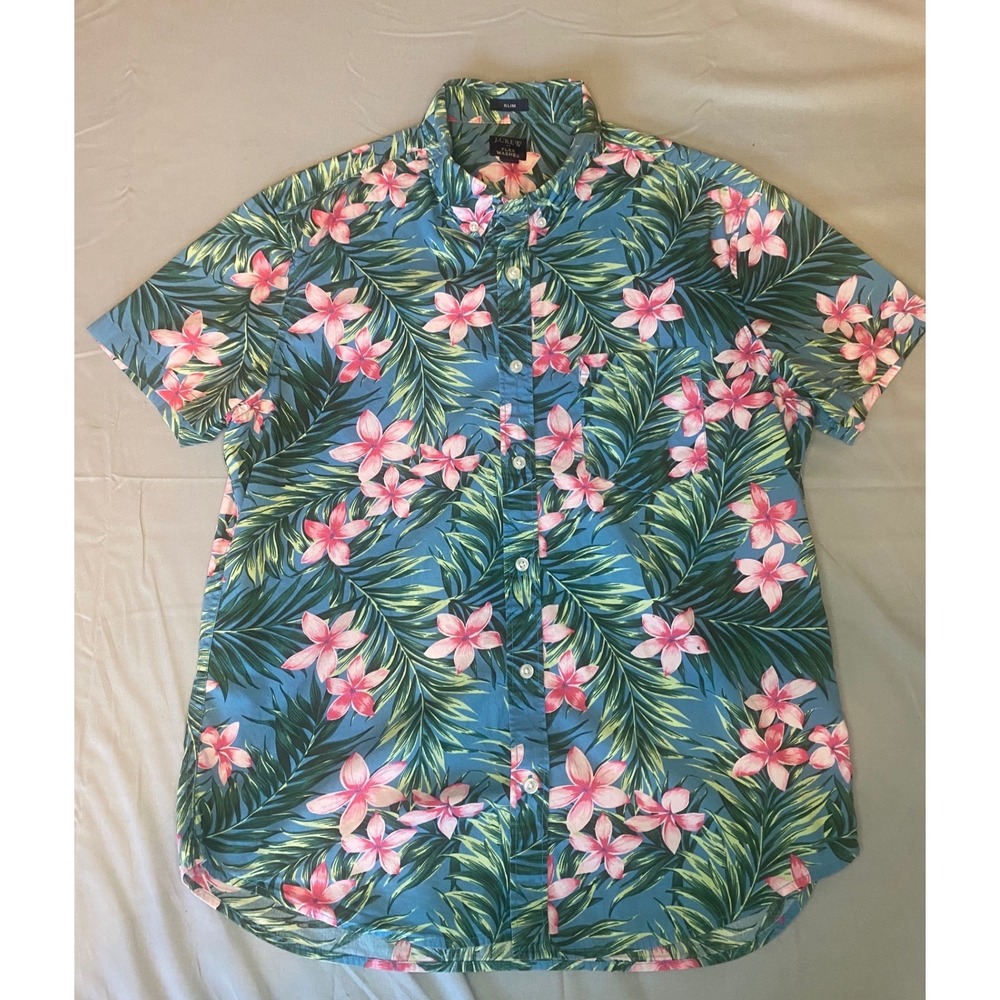 J.Crew Tropical Floral Shirt Mens Large Blue Pink Excellent Slim Fit AO566